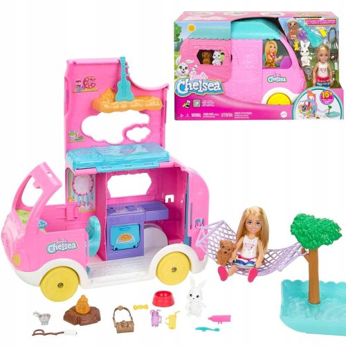  Barbie Chelsea Pink Camper + Chelsea Doll + 14 Accessories HNH90