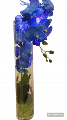 Artificial flower arrangement in illuminated glass orchid