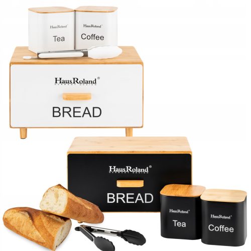 Bread box HAUS ROLAND bread box set, bread box made of bamboo, white, black, brown and beige tones, metal