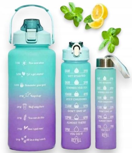  WATER BOTTLE BOTTLE WITH STRAW WITH MEASURING MOTIVATIONAL SET OF 3 FITNESS