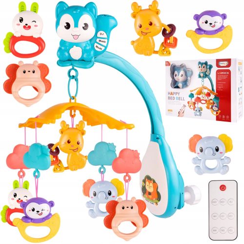  SQUIRREL CAROUSEL FOR A COT WITH REMOTE CONTROL, RATTLES, TEETHERING RINGS, 5X PROJECTOR