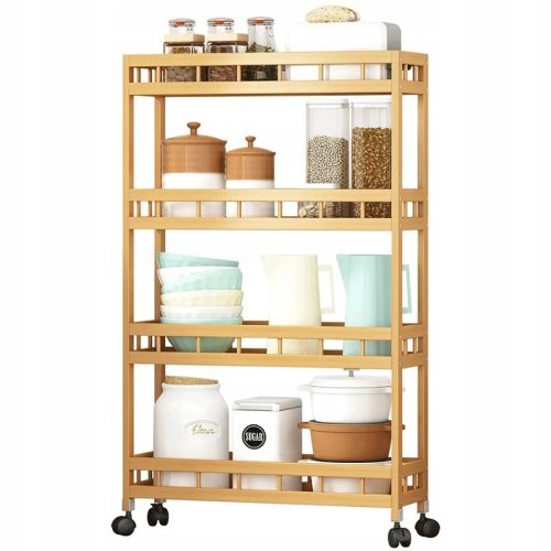 Bamboo Kitchen Shelf, Bathroom Cart, 4 Shelves, on Wheels, Organizer