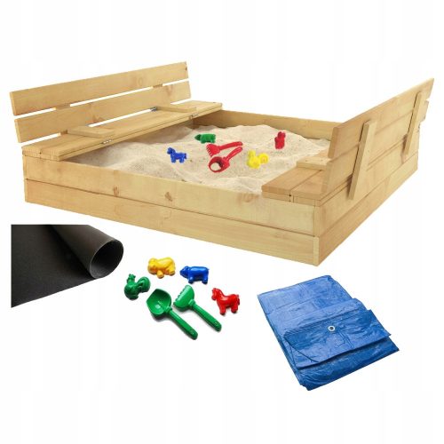 SANDBOX 120X120, WOOD, PINE, FOLDABLE, WITH BENCHES + FREE GIFTS