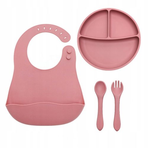  Silicone Tableware for Kids, Plate + Cutlery + Bib, BLW, Dirty Pink