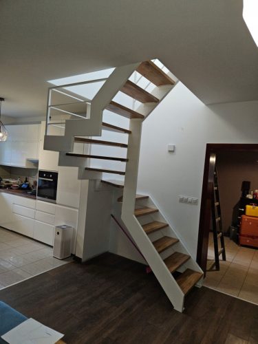 wooden staircase, steel construction, metal roof floor