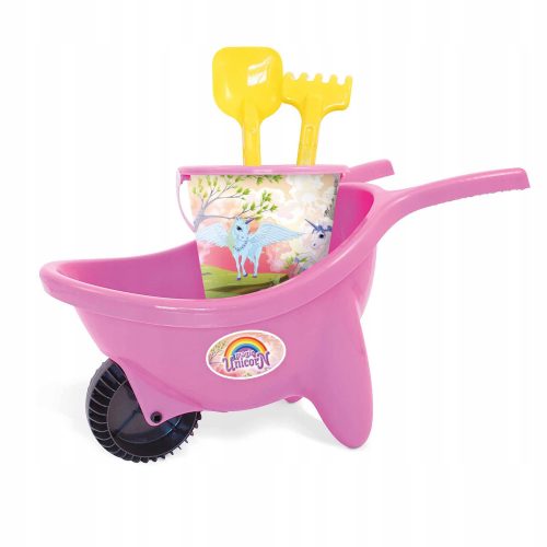 Set: wheelbarrow, bucket, shovel, sand and rake, unicorn