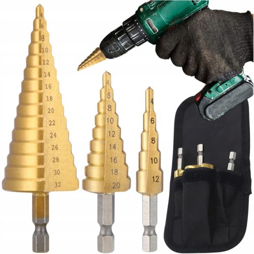 Step drill, 3 pieces, steel, set, conical, 4-32 mm, for wood, sheet metal