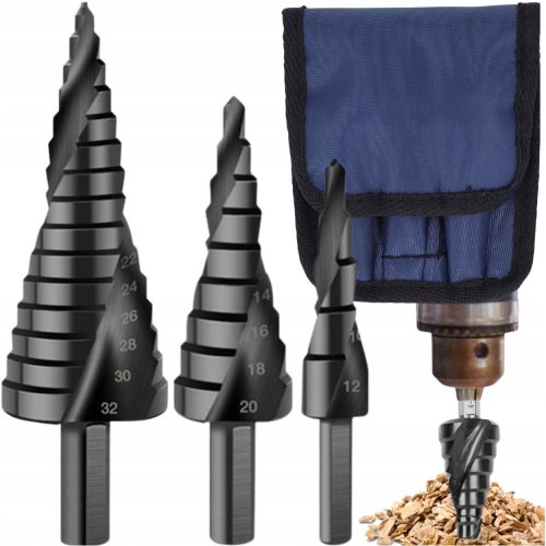 Step drill 3-piece spiral set conical 4-32mm for wood sheet