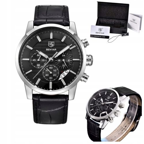  Men's Watch Elegant Classic Black Leather Strap Benyar Date Display