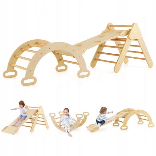 Wooden arch climbing set for children, slide, climbing ramp