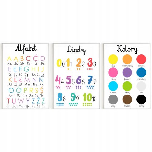  Set of 3 educational posters, A3, MONTESSORI, alphabet, numbers, colors, patterns