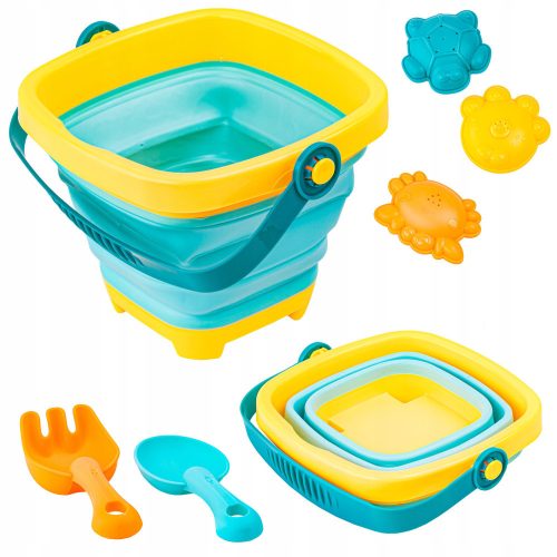 Sand play set, foldable silicone buckets, accessories, molds