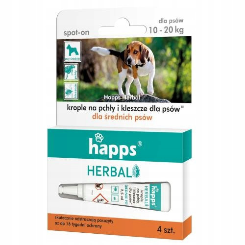  Happs DROPS for FLEAS and TICKS for medium DOGS (10-20 kg) - 4 x 2.5 ml