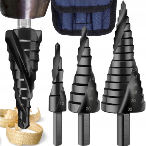 Spiral step drill, 3-piece set, conical, 4-32 mm, for wood panels