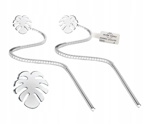  925 SILVER EARRINGS LONG HANGING ON A STUD THREADED MONSTERA LEAVES