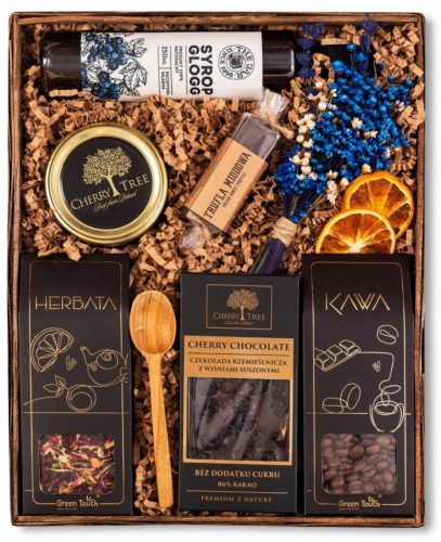  GIFT BASKET set tea coffee chocolate cherry truffle syrup flowers