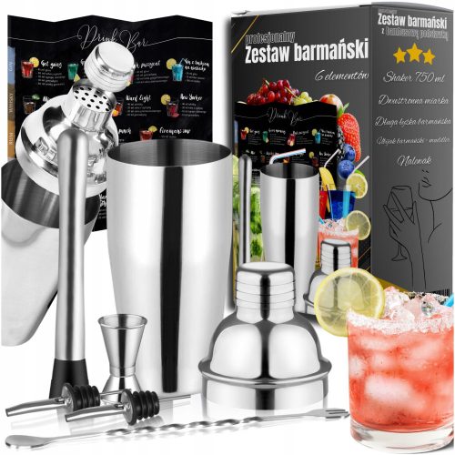 PROFESSIONAL BARTENDER SET FOR DRINKS, SHAKER, 6 ELEMENTS + FREE