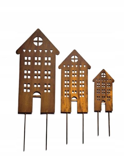  House Blocks, Metal Garden Decoration, A-Board, Corten Effect, Set of 3