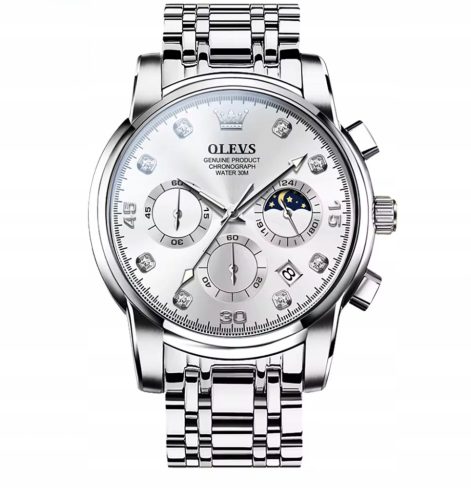  Elegant men's watch bracelet silver business chronograph + free