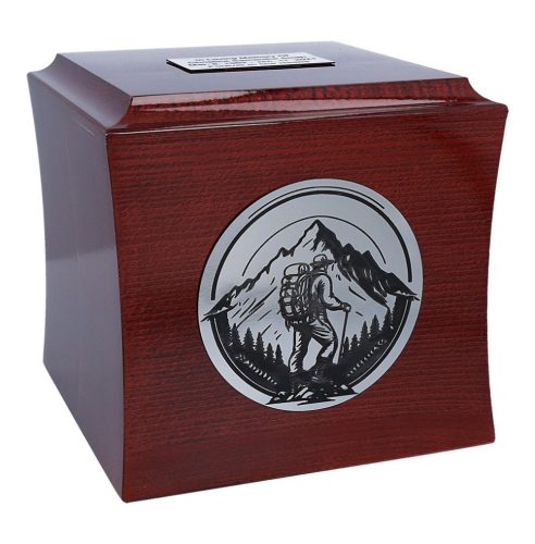 Wooden urn for ashes, mountain motif, personalized burial urn