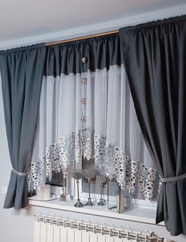  Ready-made curtain, bow, zirconia, silver guipure, grey and white, 30 cm 3/160 cm + curtains