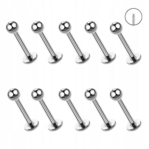  10 PCS Steel Earring, Silver Labret with ball. Outer thread 1,2/8/3