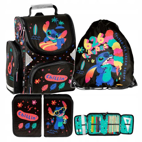  PASO STITCH SCHOOL SET, SCHOOL BAG, PENCIL CASE, CLASS 1 2 3, BLACK