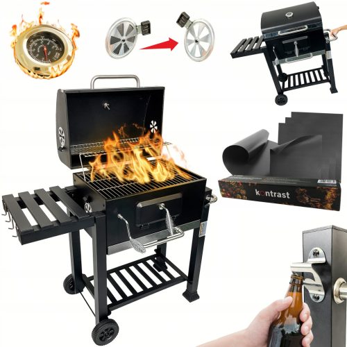  LARGE PREMIUM CHARCOAL GRILL DOUBLE GRID THERMOMETER + 4x BBQ MAT 1011