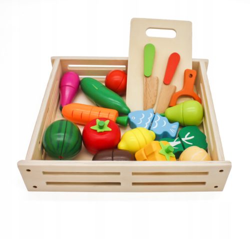  WOODEN FRUITS AND VEGETABLES FOR CUTTING + BOX AND CUTLERY FOR CHILDREN