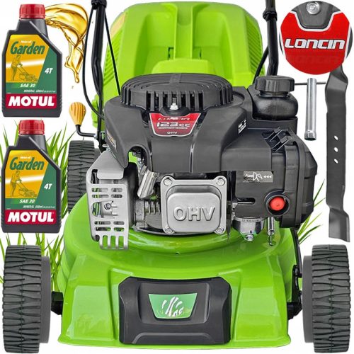  Green Tiger petrol lawn mower with basket, 123 cm³ capacity. Basket 40 l, cutting width 41 cm + 2× MOTUL GARDEN 4T SAE30 MOWER OIL 600 ml