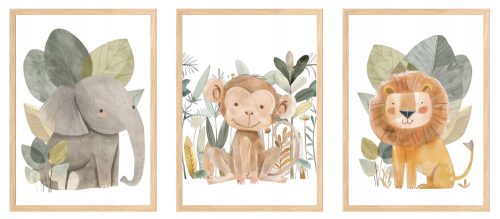  Set of 3 posters, 30 x 40 cm, cute animals, safari, wild lion, elephant, monkey