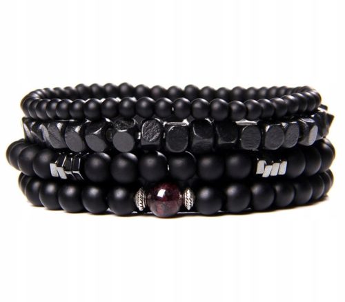  WOMEN'S BRACELET SET 4in1 NATURAL STONES ONYX GARNET AND WOOD