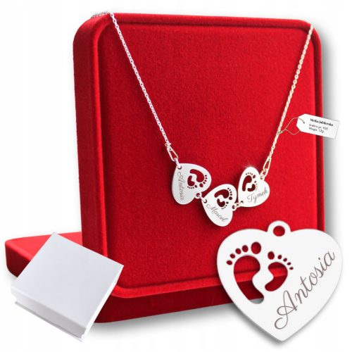  Silver Chain Necklace Three Hearts Feet 925 ENGRAVING Gift for Mom