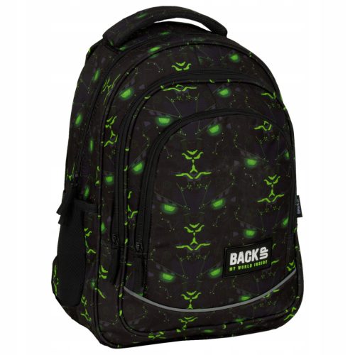 BackUP Youth School Backpack with Robot Design, 3 Compartments - Black and Green