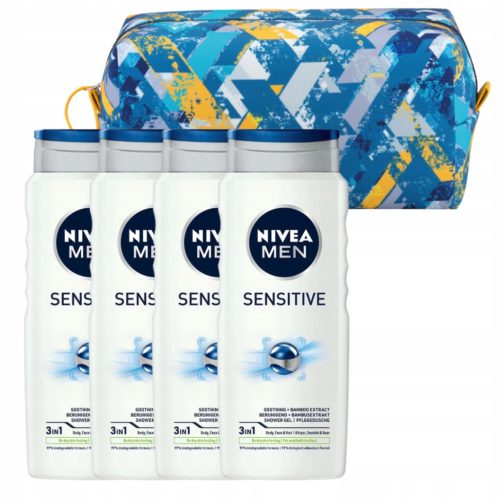  NIVEA MEN SENSITIVE Men's Shower Gel for Washing 500 ml x4 + Cosmetic Bag