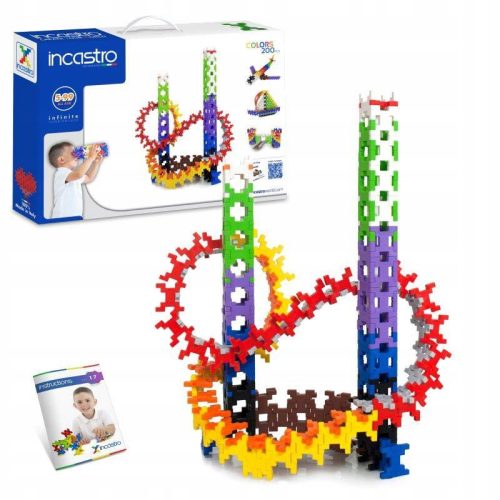  A set of building blocks for a five-year-old to build with, colorful, 200 pieces.