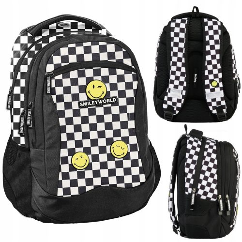 BeUniq Youth School Backpack - Smiley Black Checkered Design, Unisex