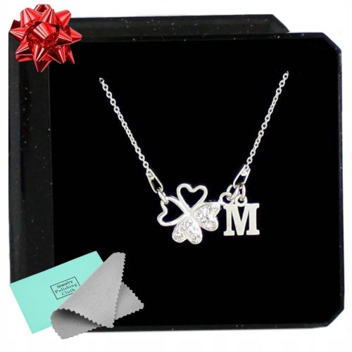  Silver NECKLACE CLOVER cubic zirconia + LETTER MKA chain of your choice