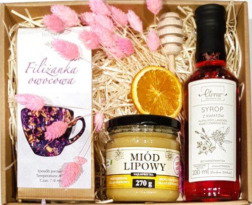  BASKET BOX GIFT SET GIFT FLOWERS HONEY TEA SYRUP JAM