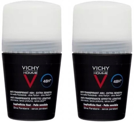 VICHY Homme 48H Anti-Perspirant Roll-On, Stain-free & Hypoallergenic, 2-Pack