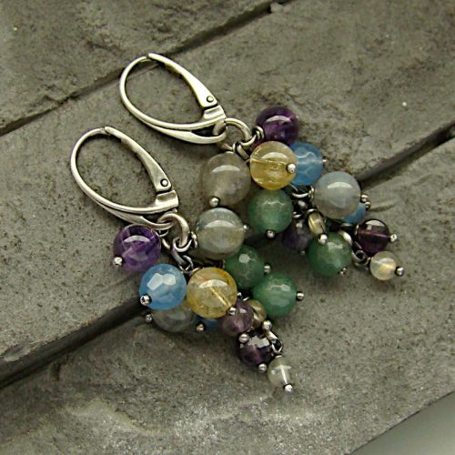  RayOfArt - Silver earrings labradorite amethyst citrine aventurine cluster