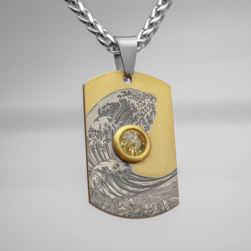  GOLD TITANIUM PENDANT DOG TAG WAVE LEMON + CHAIN AND BOX