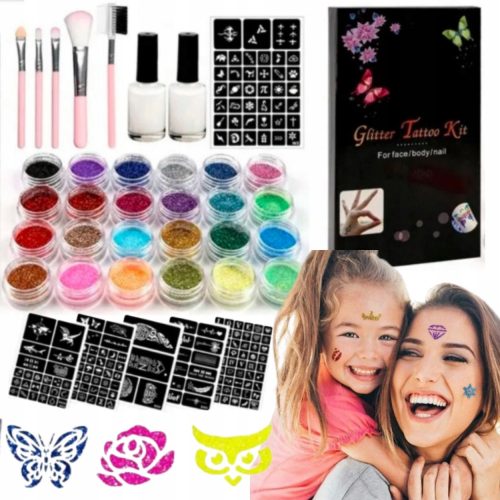  LARGE TATTOO SET GLITTER TATTOOS TEMPLATES 24 COLORS