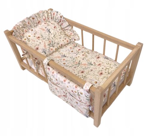  Wooden doll bed with delicate flower bedding