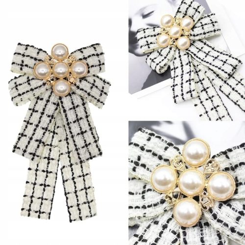  BROOCH PIN SHIRT BOW BLACK WHITE PEARLS