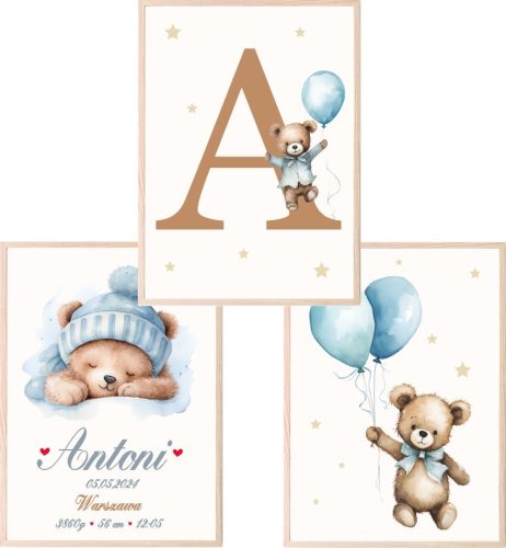  Set of 3 A3 posters: teddy bears with balloons, birth certificate, personalization with the child's name