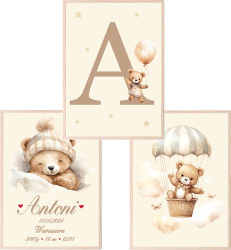  Set of 3 A3 posters, beige teddy bears with balloons with the child's name