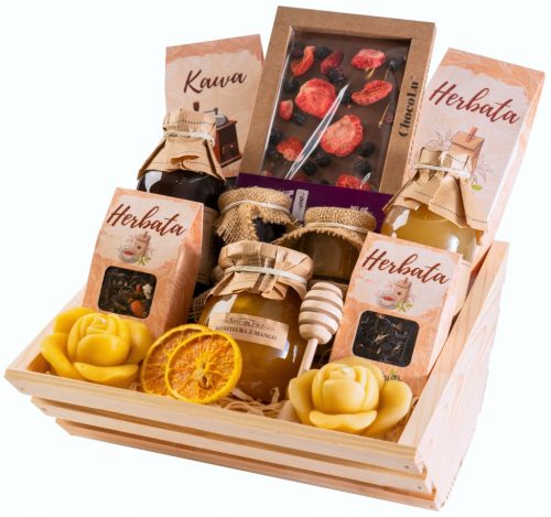  GIFT BASKET tea set box coffee chocolate syrups candles honey