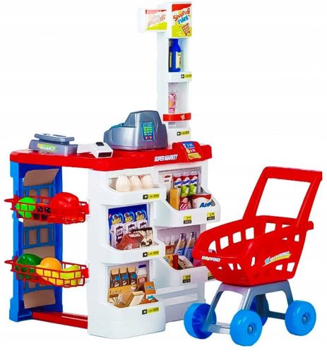  LARGE SUPERMARKET STALL FOR CHILDREN WITH CASH REGISTER, TROLLEY, SCANNER