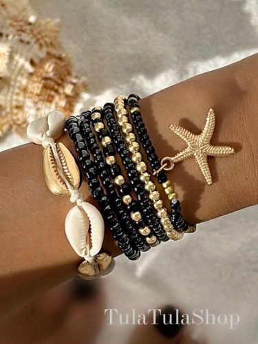  SHELL JEWELRY SET BRACELETS PEARLS GOLD BLACK